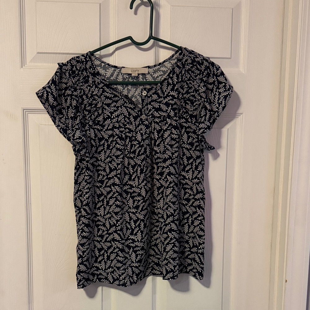 LOFT Navy and White Leaf Print Blouse